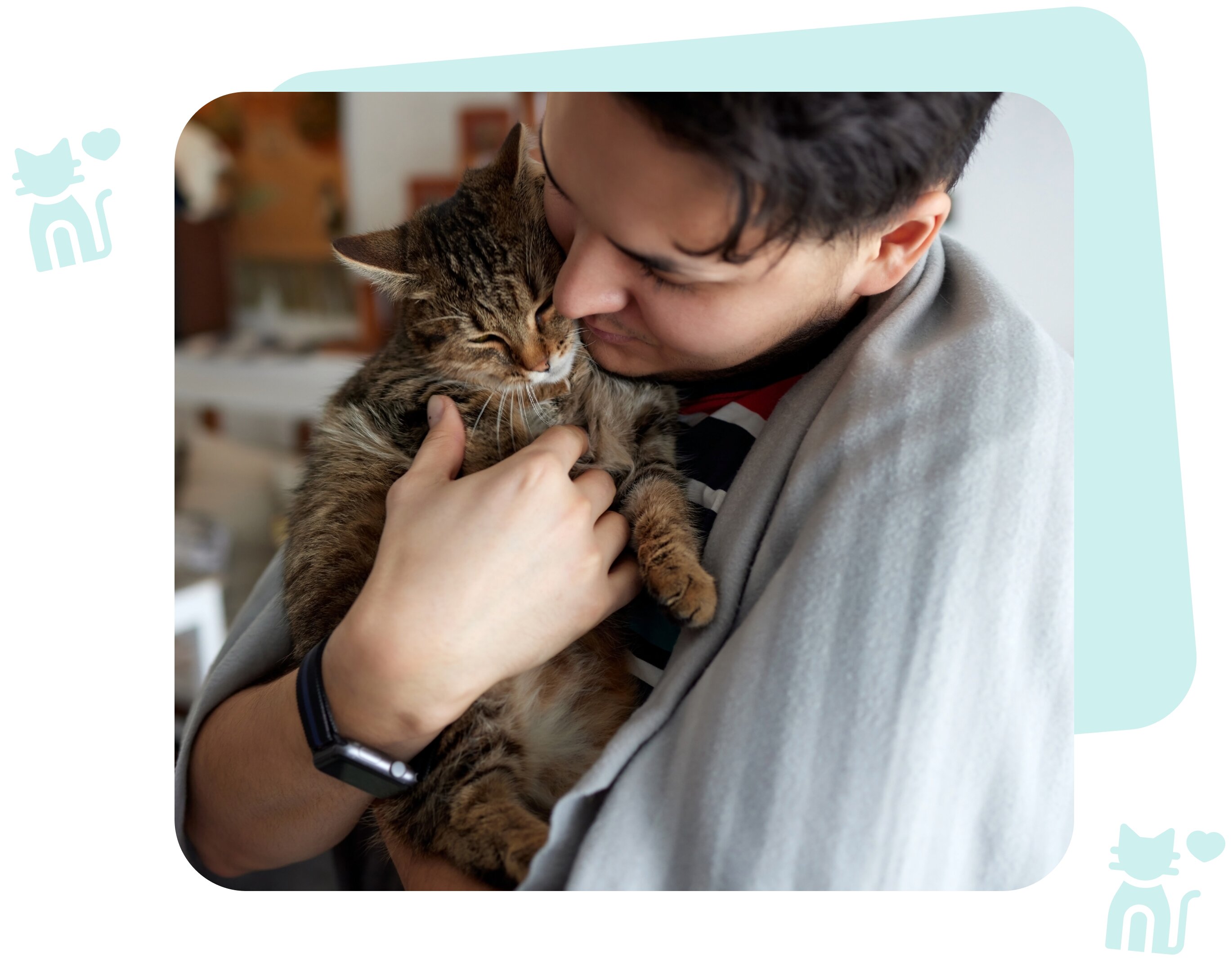 A man holding a cat while looking at it, surrounded by cat icons.