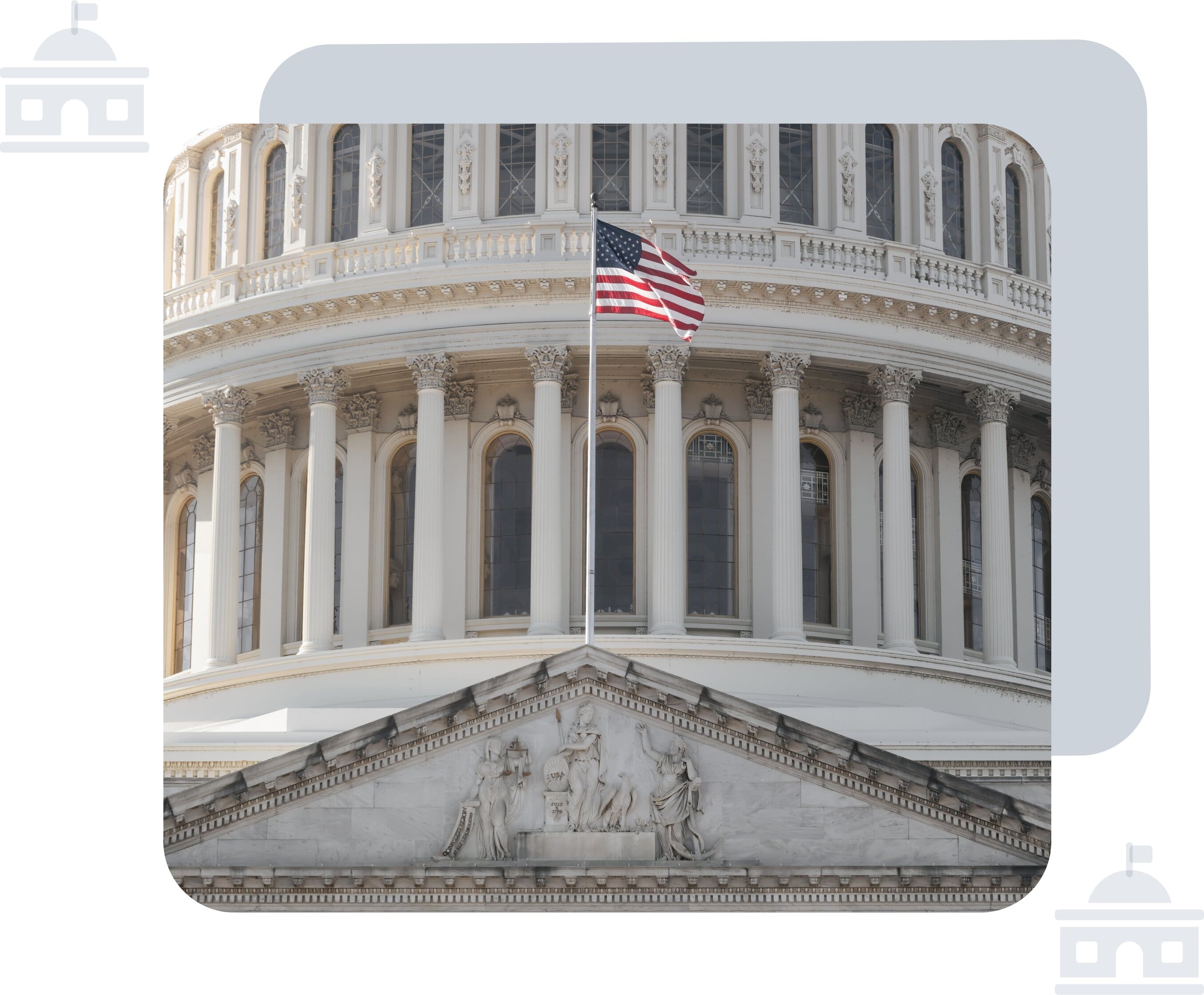 Government building with the American flag in front, surrounded by icons of government buildings.