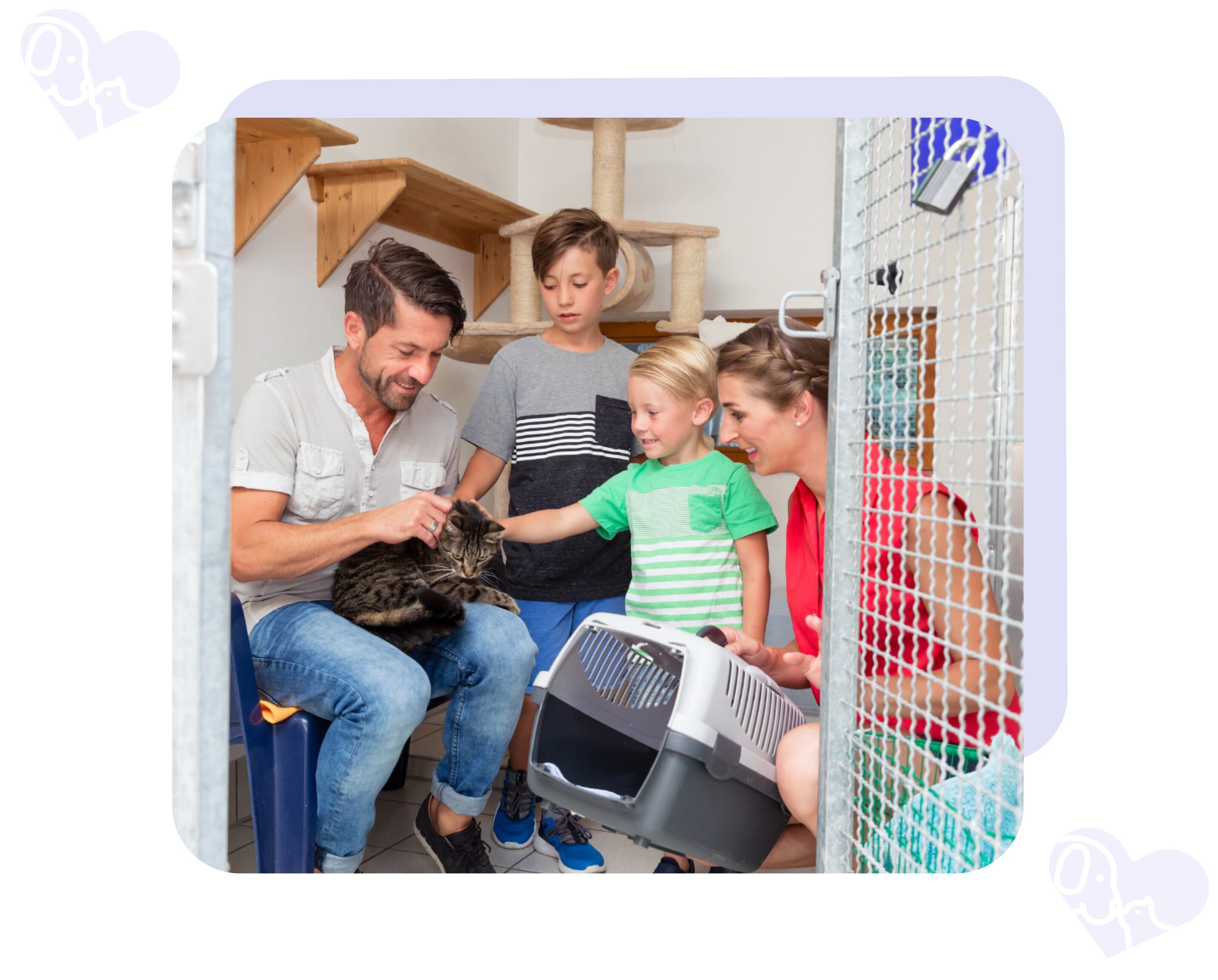 A family in a shelter holding a cat, surrounded by heart icons with dog and cat images.